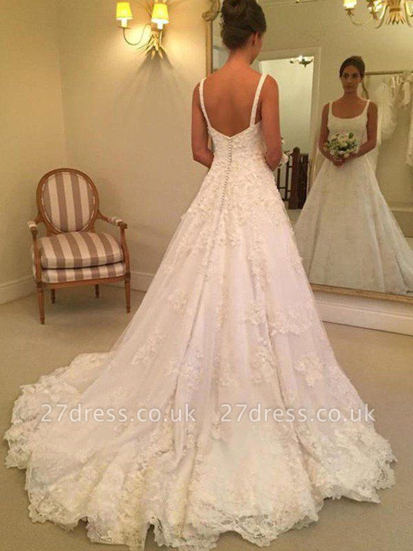 Court Train A-Line Straps Square Lace Applique Sleeveless Wedding Dresses UK