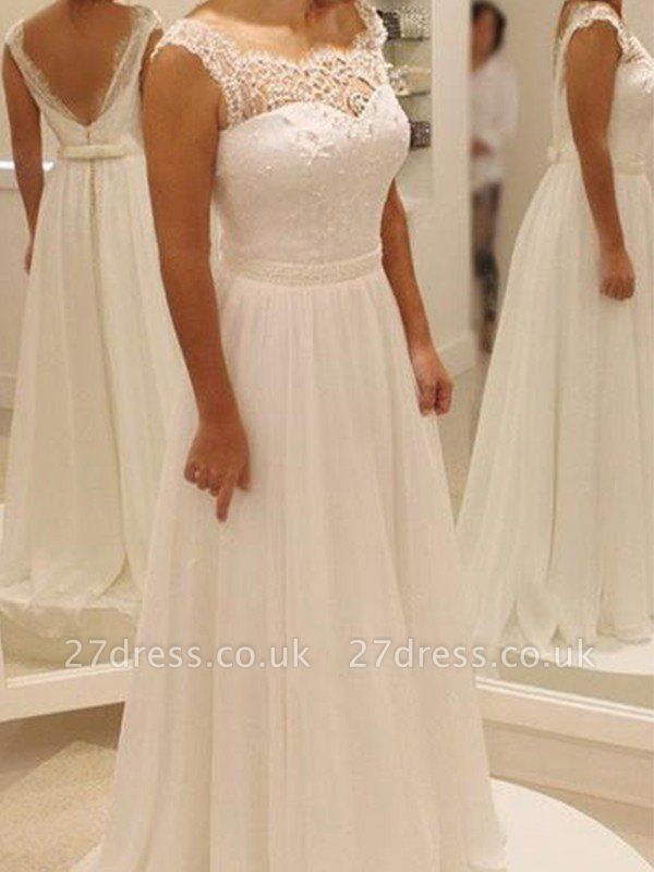 Bowknot  Sweep Train Lace Scoop Neckline A-Line Sleeveless Wedding Dresses UK