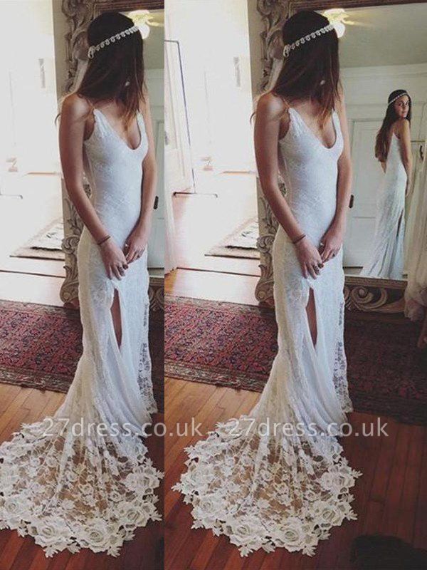 Straps Sheath Court Train Lace Sleeveless Wedding Dresses UK