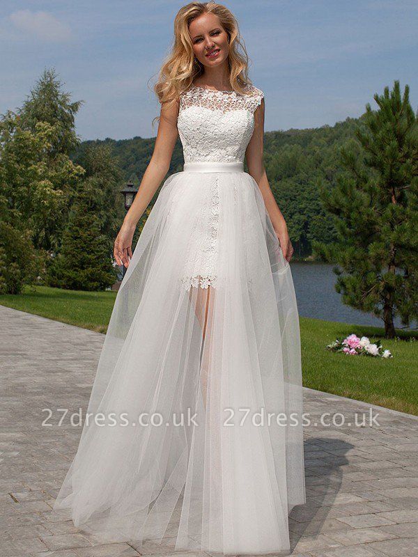Sheath Scoop Neckline Floor-Length Lace Tulle Sleeveless Wedding Dresses UK