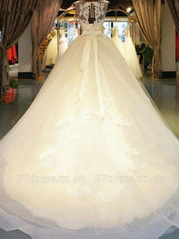 Applique Lace Ball Gown Off-the-Shoulder Sleeveless Ribbon Beads Sweep Train Wedding Dresses UK