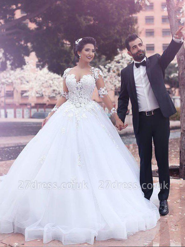 Tulle Ball Gown Court Train Long Sleeves Sweetheart Wedding Dresses UK