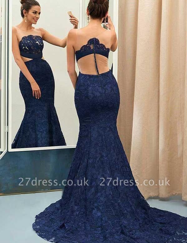 Elegant Jewel Sweep Train Sleeveless Lace trumpt Prom Dress UK UK