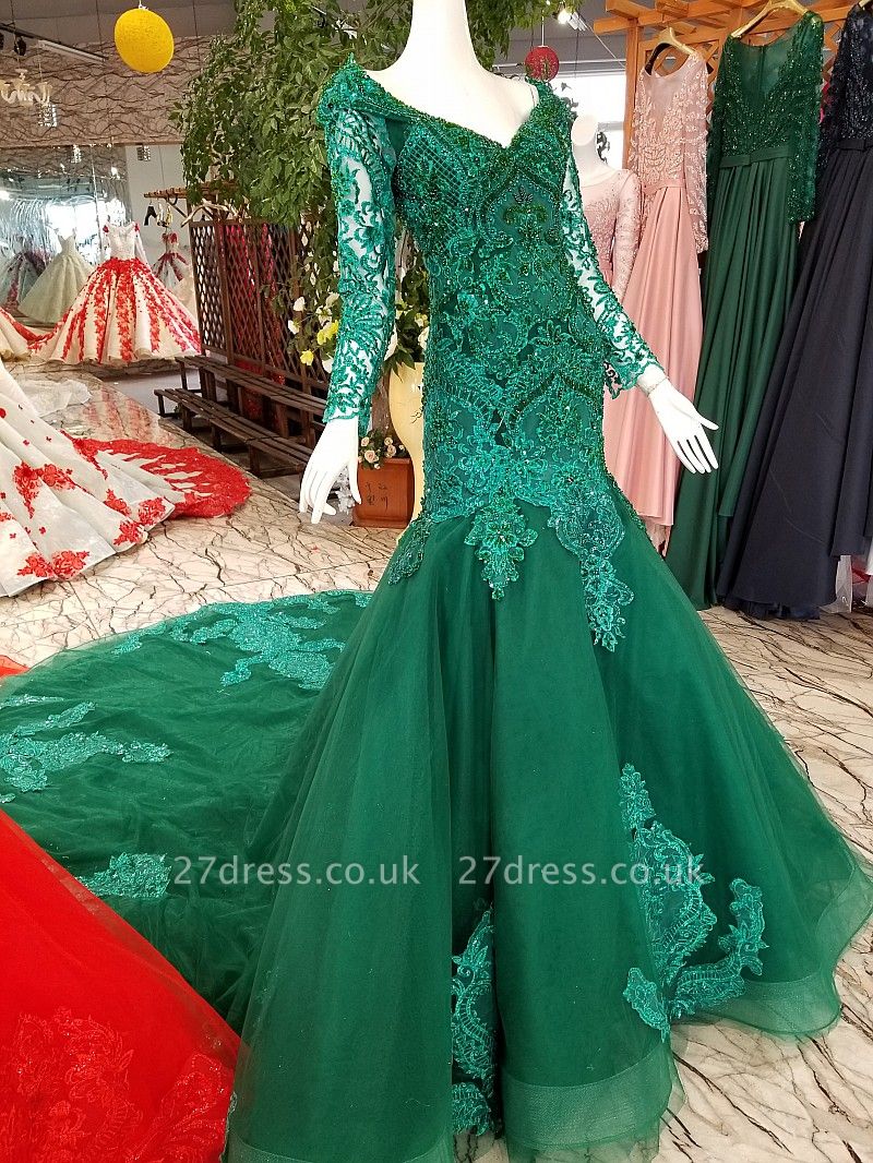 Mermaid Beads Chapel Train Long Sleeves Tulle Applique Prom Dress UK UK