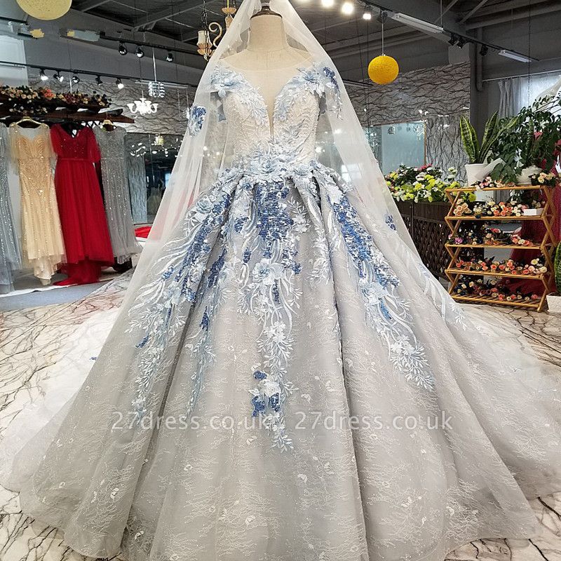Round Neck Organza Applique Ball Gown Short Sleeves Prom Dress UK UK