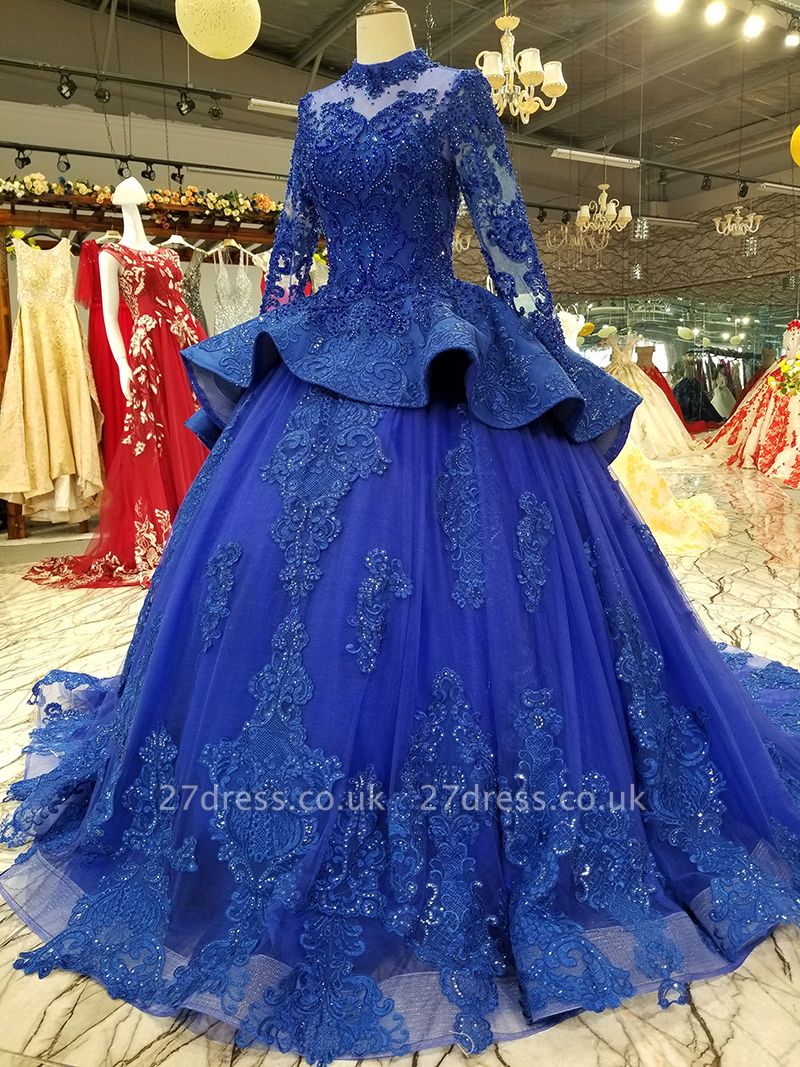 Long Sleeves Ball Gown Applique Tulle Beads Court Train Prom Dress UK UK
