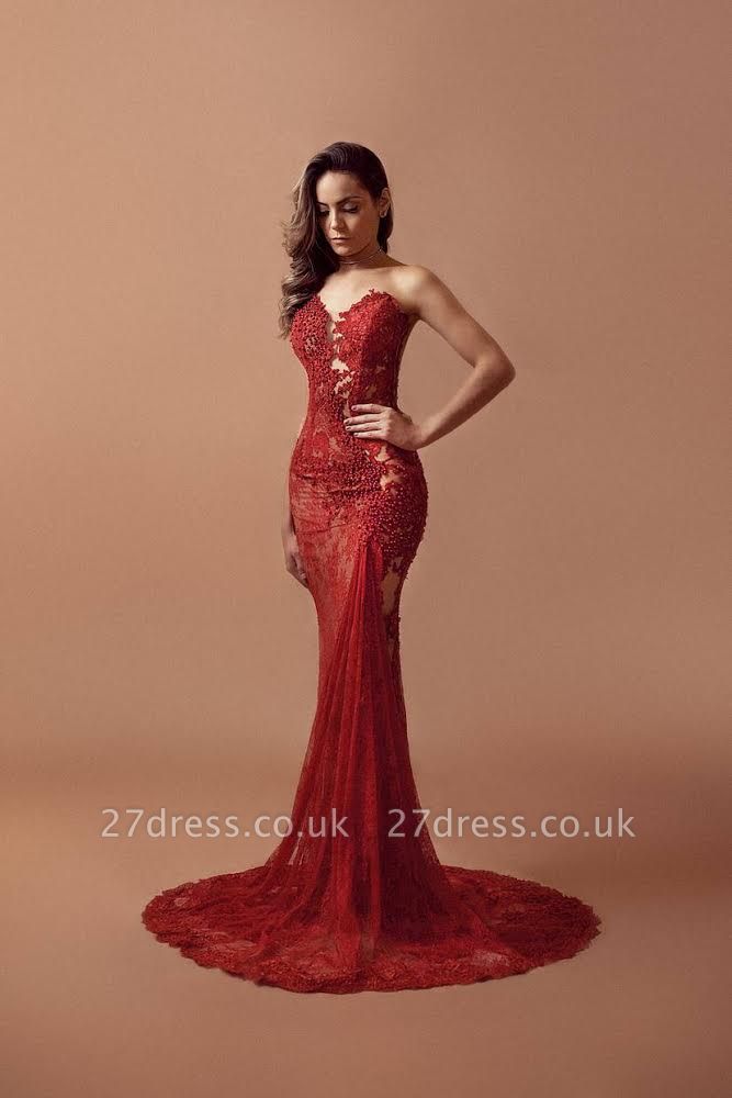 Red Lace Beading Prom Dress UKes UK Sleeveless Mermaid Elegant Evening Gowns