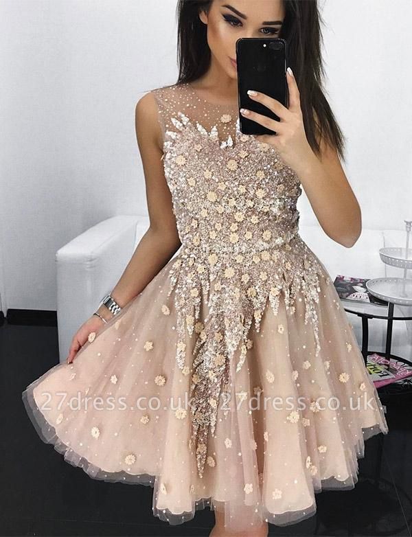 Different A-Line Appliques Jewel Tulle Sleeveless Homecoming Dress UK