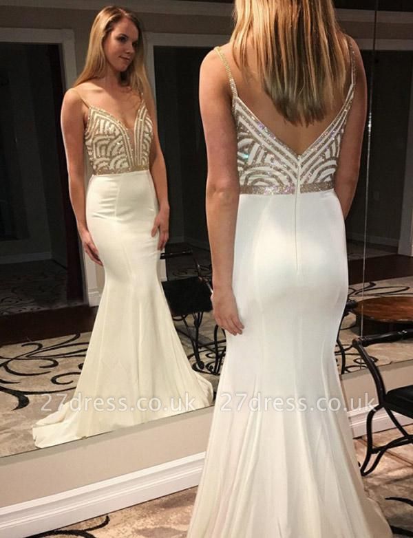 Luxury Sleeveless trumpt Spaghetti Straps V-Neck Sequins White Prom Dress UK UK