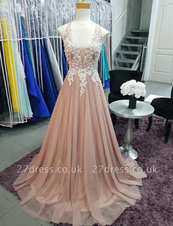 Charming A-Line Sleeveless V-Neck Appliques Sweep Train Prom Dress UK UK