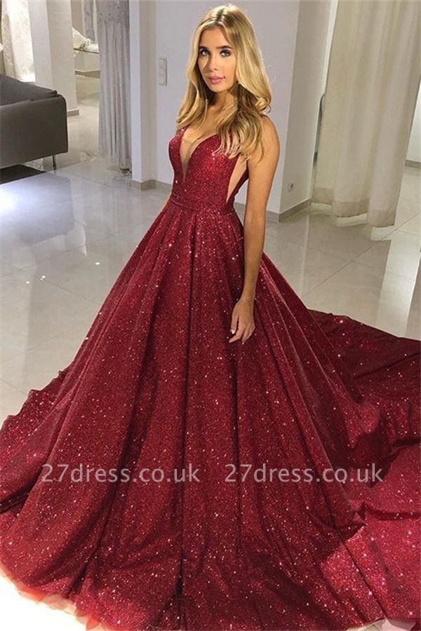 Sexy A-line Straps Sleeveless Alluring V-neck Long Prom Dress UK