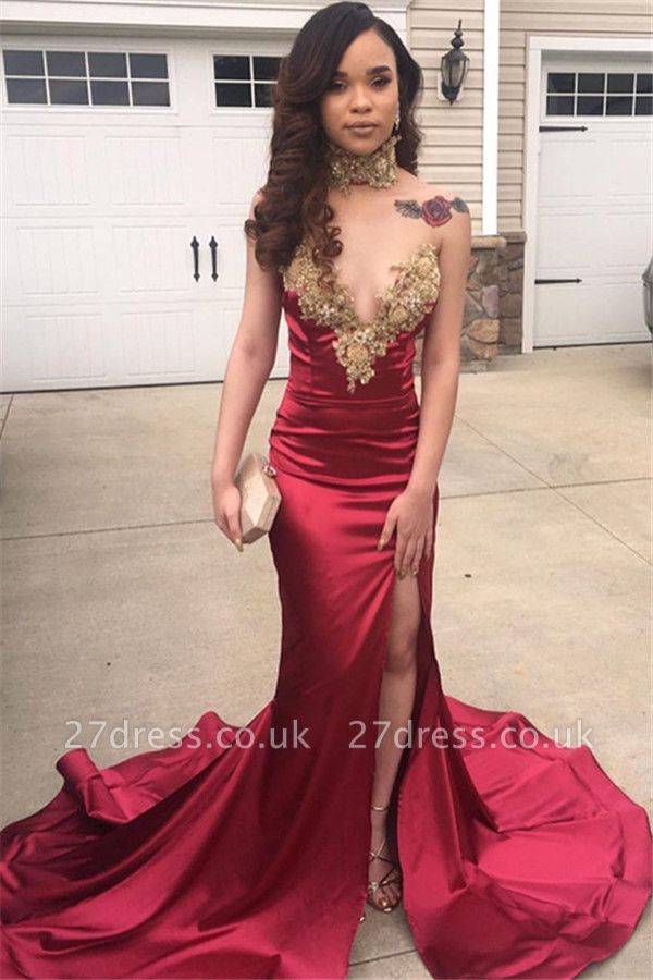 Elegant Elegant Mermaid Appliques Alluring V-neck Sleeveless Front Slipt Prom Dress UK
