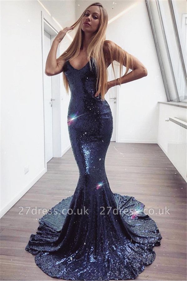 Elegant Mermaid Spaghetti-Straps Sleeveless Long Prom Dress UK