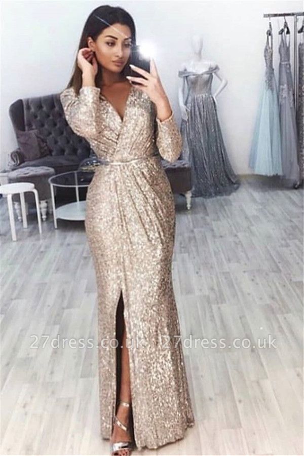 Elegant Mermaid Alluring V-neck Long-Sleeves Front-Slipt Long Prom Dress UK