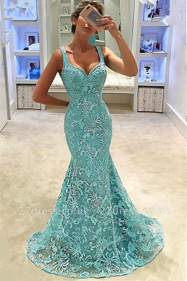 Elegant Mermaid Straps Appliques Sleeveless Long Prom Dress UK