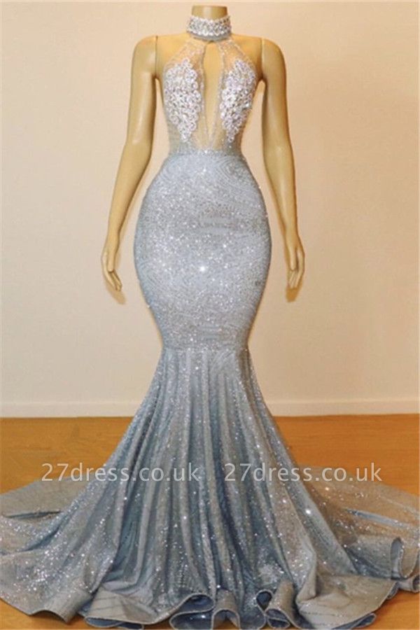 Elegant Hot Elegant Mermaid Halter Sleeveless Sweep Train Long Prom Dress UK UK