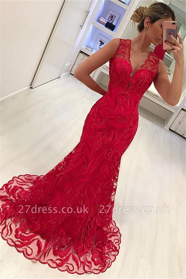 Elegant Mermaid Appliques Straps Sleeveless Alluring V-neck Long Prom Dress UK