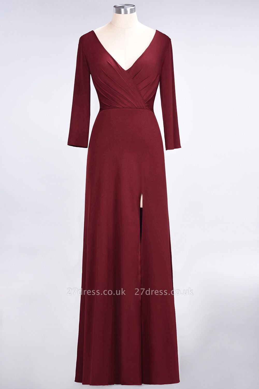 Sexy A-line Spandex Alluring V-neck Long-Sleeves Side-Slit Floor-Length Bridesmaid Dress UK UK with Ruffles