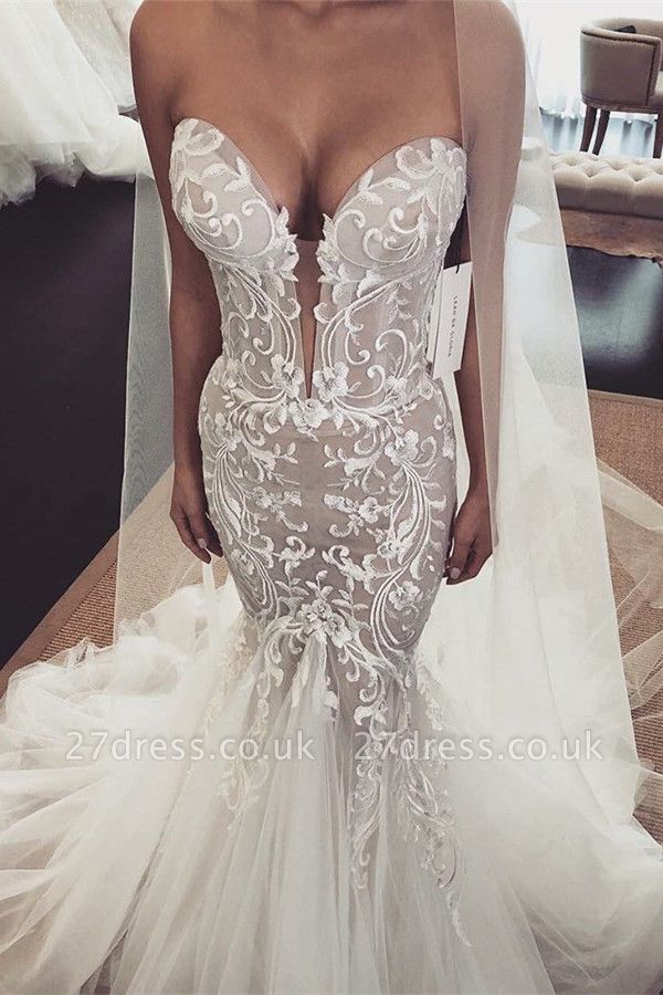 Gorgeous Appliques V-Neck Sleeveless Tulle Elegant Mermaid Wedding Dress UK