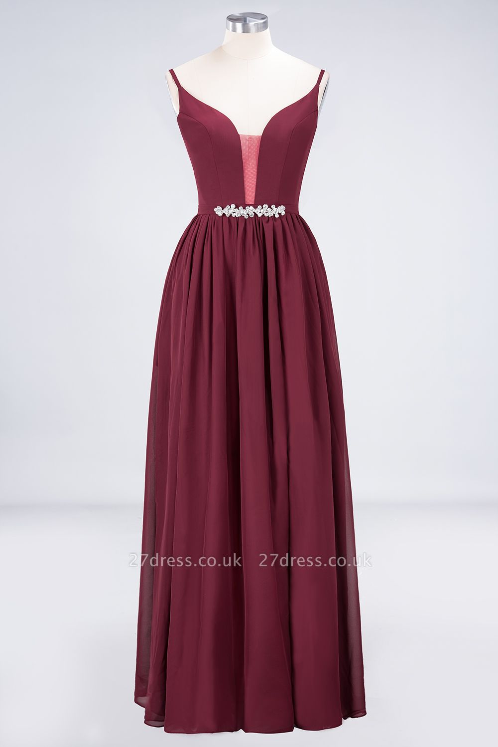 Sexy A-line Flowy Appliques Spaghetti-Straps Deep-Alluring V-neck Sleeveless Floor-Length Bridesmaid Dress UK UK with Ruffles