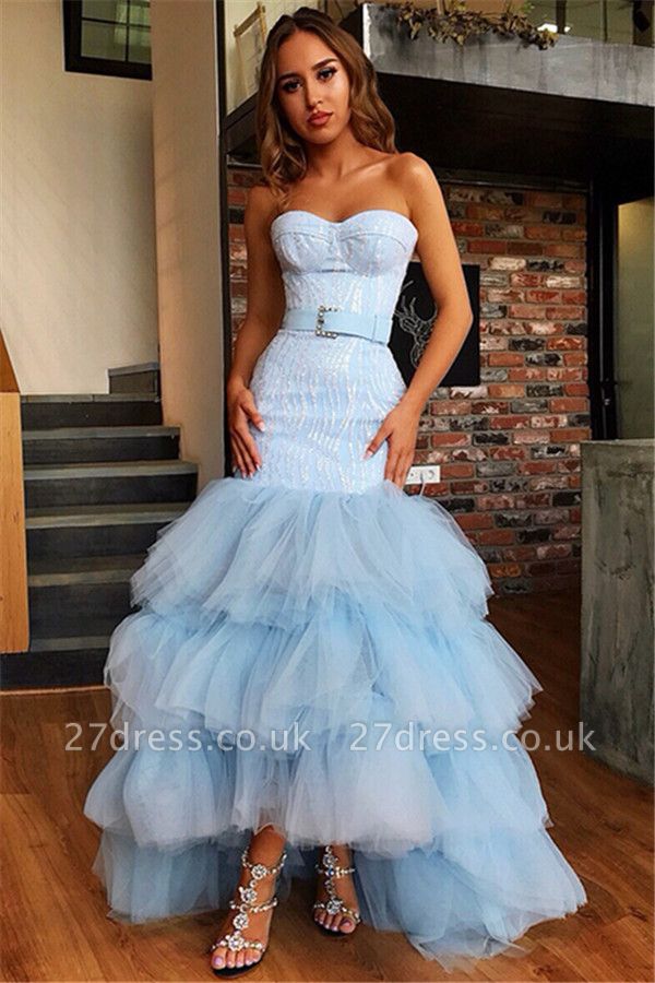 Elegant Mermaid Tulle Layers Strapless Sleeveless High-Low Prom Dress UK