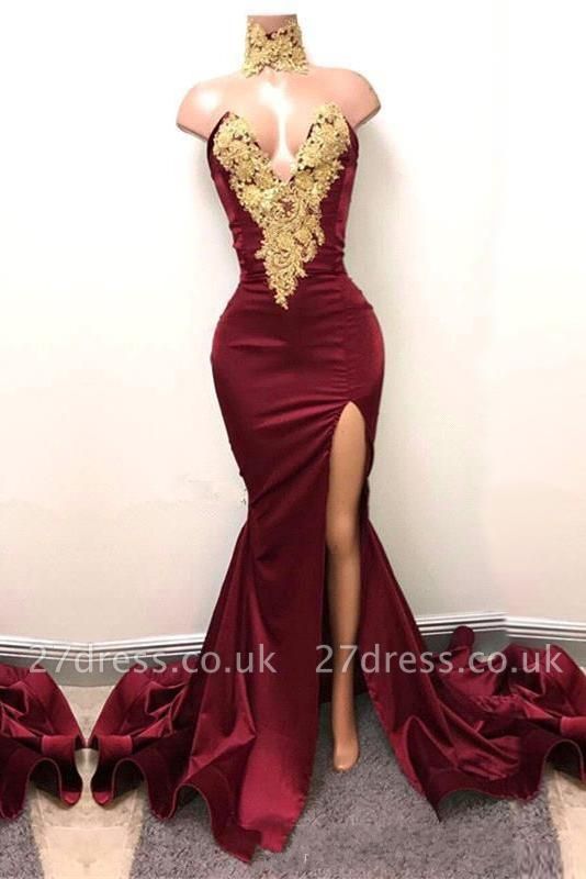 Burgundy Lace-Appliques Elegant Mermaid High-Neck Front-Split Prom Dress UK SP0326