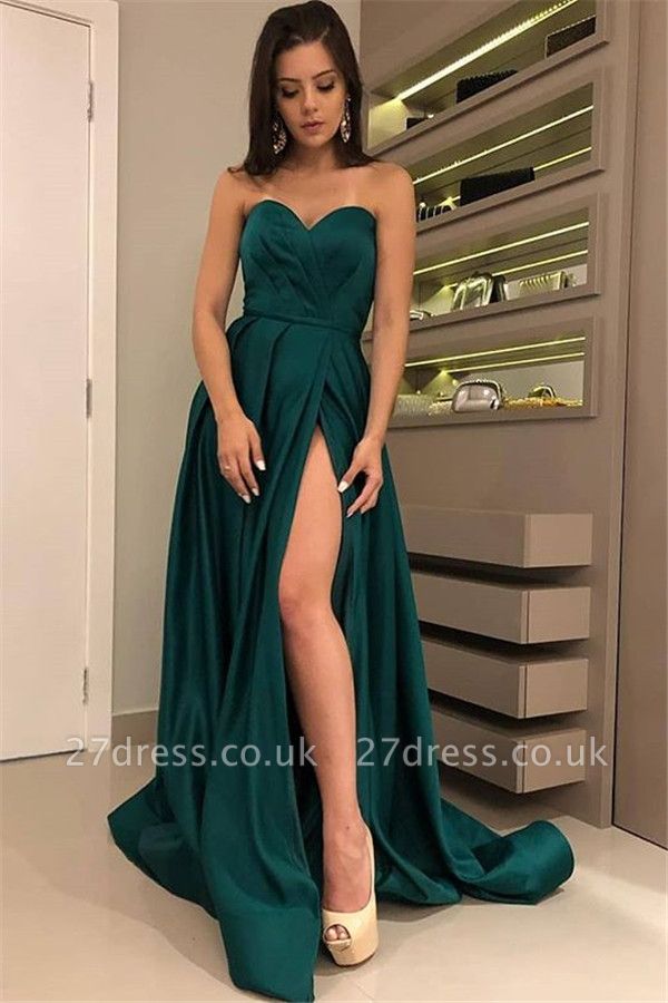 Chic Strapless Front Split Sleeveless Floor-Length Sexy A-line Prom Dress UKes UK UK