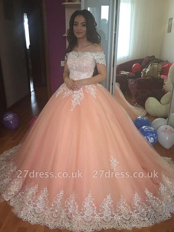 Timeless Off-the-Shoulder Appliques Ball Gown Tulle Sweep Train Prom Dress UKes UK UK