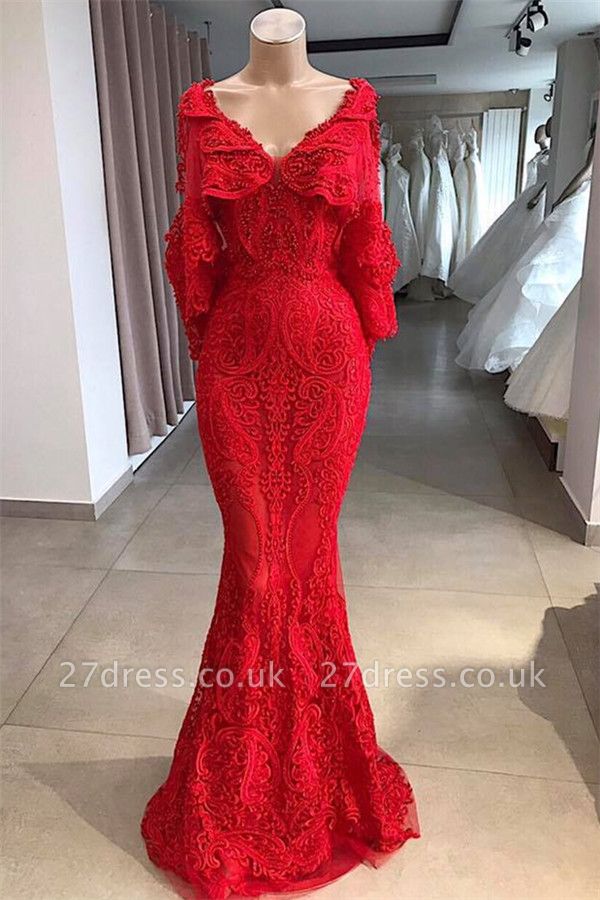 Stunning V-Neck with Sleeves Appliques Beading Elegant Mermaid Long Prom Dress UKes UK UK
