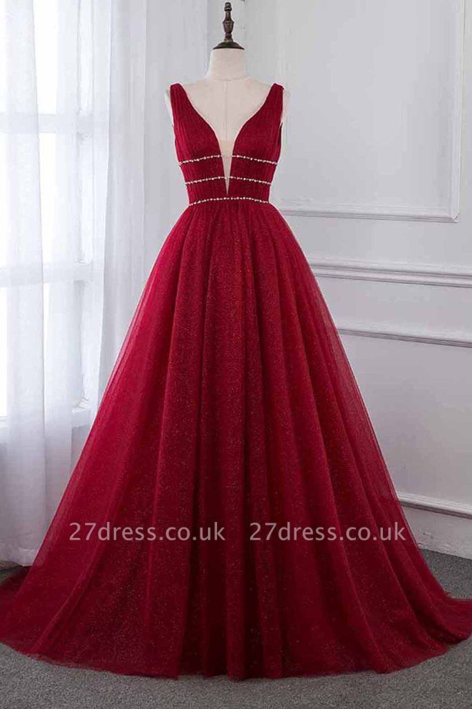 Stylish Deep Alluring V-neck Sleeveless Tulle Sexy A-line Rhinestones Prom Dress UKes UK UK