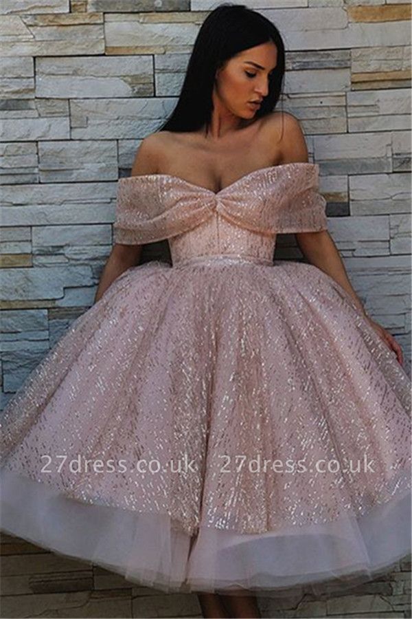 Chic Off-the-Shoulder Ball Gown Tulle Tea-Length Prom Dress UKes UK UK