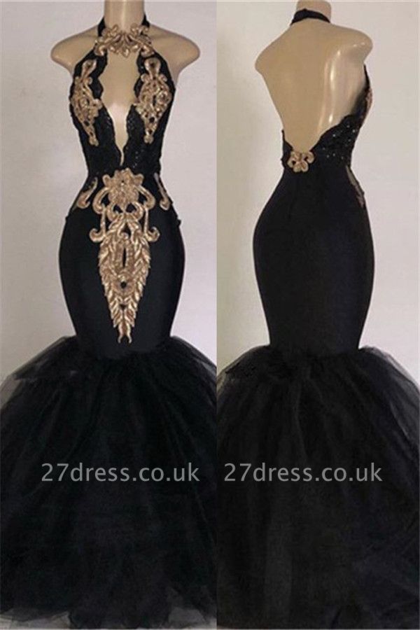 Elegant Backless Prom Dress UKes UK UK Affordable with Gold Appliques | Elegant Mermaid Halter Evening Dress UK UK with Keyhole
