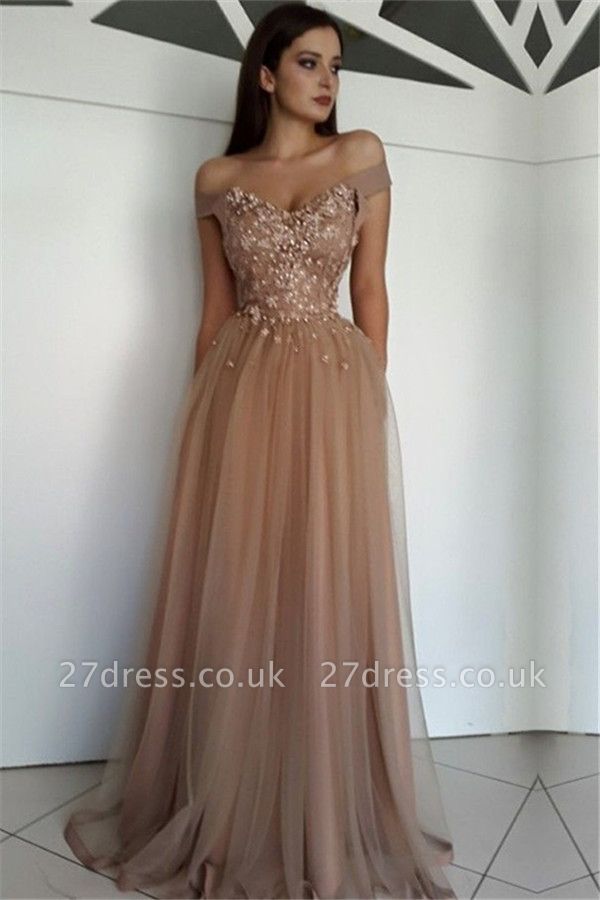 Stunning Off-the-Shoulder Beading Appliques Tulle A-Line Long Prom Dress UKes UK UK