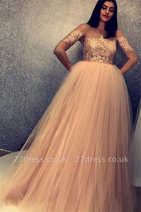 Chic Scoop Short Sleeves Appliques Tulle A-Line Long Prom Dress UKes UK UK