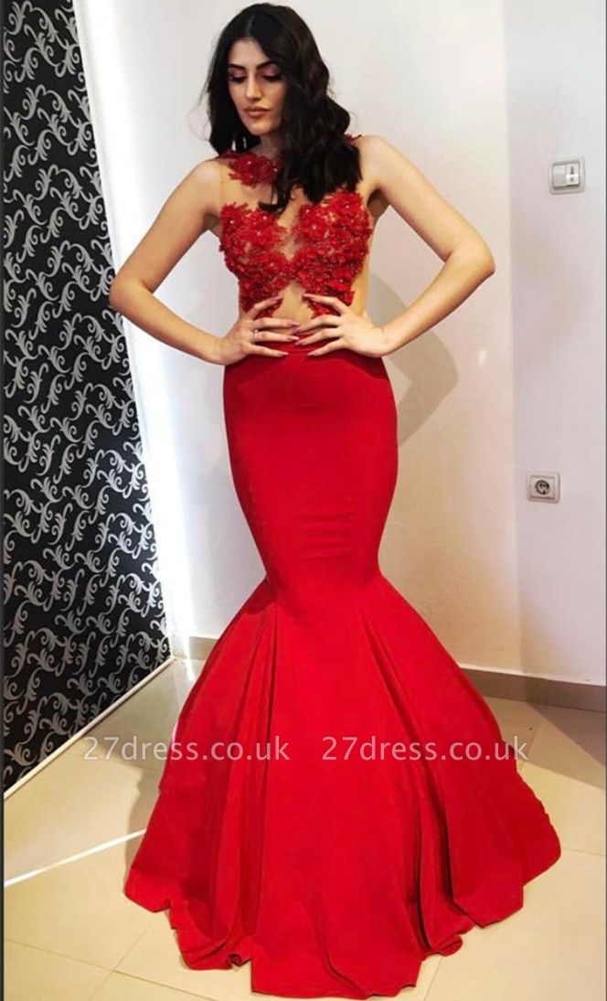 Stunning Round Neck Appliques Sleeveless Elegant Mermaid Long Prom Dress UKes UK UK