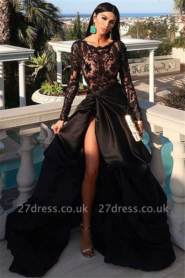 Gorgeous Scoop with Sleeves Appliques A-Line Front Slit Prom Dress UKes UK UK