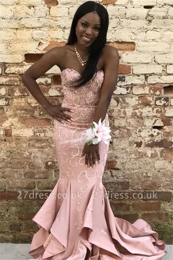 Pink Luxury Elegant Mermaid Strapless Ruffles Sparkly Crystal Prom Dress UKes UK UK