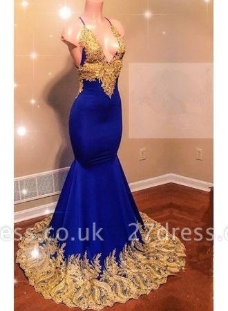 Lace Appliques Spaghetti Sleeveless V-neck Elegant Trumpt Prom Dress UKes UK UK