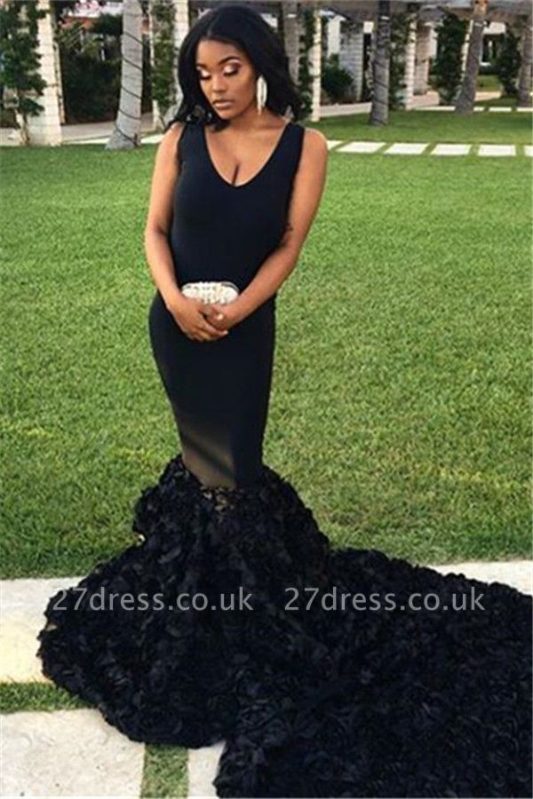 Timeless black Sleeveless Elegant Trumpt Prom Dress UKes UK UK | Elegant Straps V-Neck Florals Evening Dress UKes UK