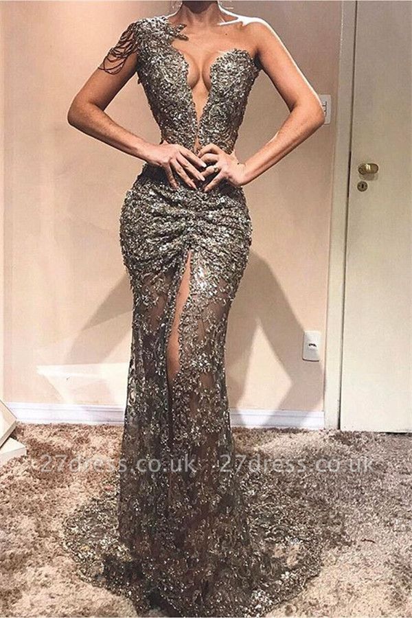 Sexy Column One-Shoulder Lace Appliques Front Split Sparkly Crystal Prom Dress UKes UK UK