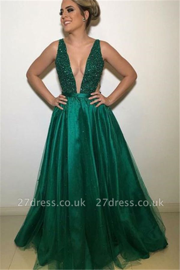 Gormeous Sexy V-Neck Sleeveless A-Line Tulle Beading Prom Dress UKes UK UK