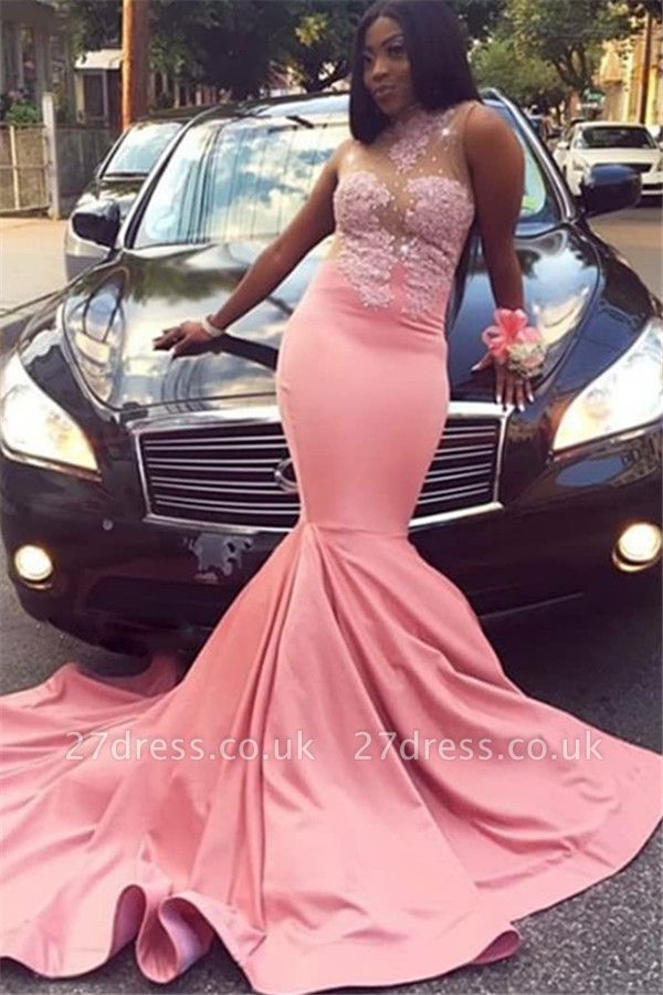 Sweet Pink Lace Appliques Sheer Tulle Elegant Trumpt Prom Dress UKes UK UK | Sexy High-Neck Sleeveless Evening Dress UKes UK