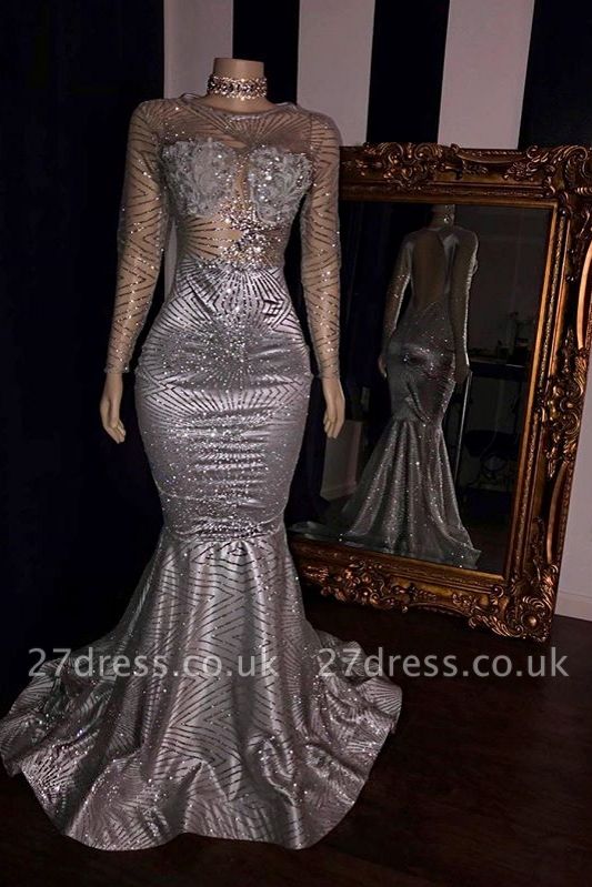 Sexy Lace Appliques Sheer Tulle Prom Dress UKes UK UK | Sliver Long Sleeves Elegant Trumpt Evening Dress UKes UK