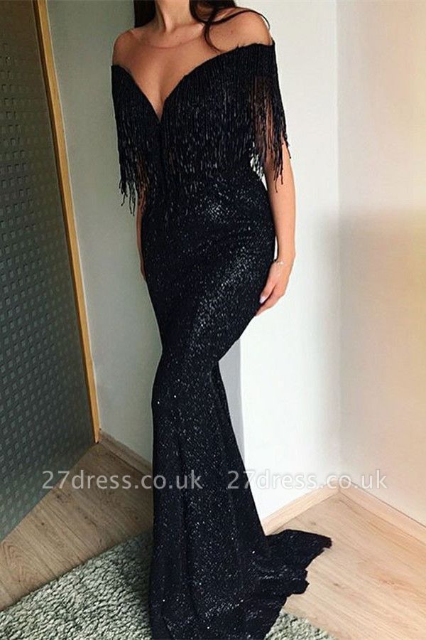Off The Shoulder Sequins Elegant Trumpt Prom Dress UKes UK UK | Sexy Timeless black Tassels Strapless Evening Dress UKes UK