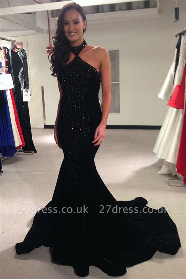 Timeless black Halter Crystal Lace Appliques Elegant Trumpt Prom Dress UKes UK UK | Elegant Sleeveless Open-Back Evening Dress UKes UK