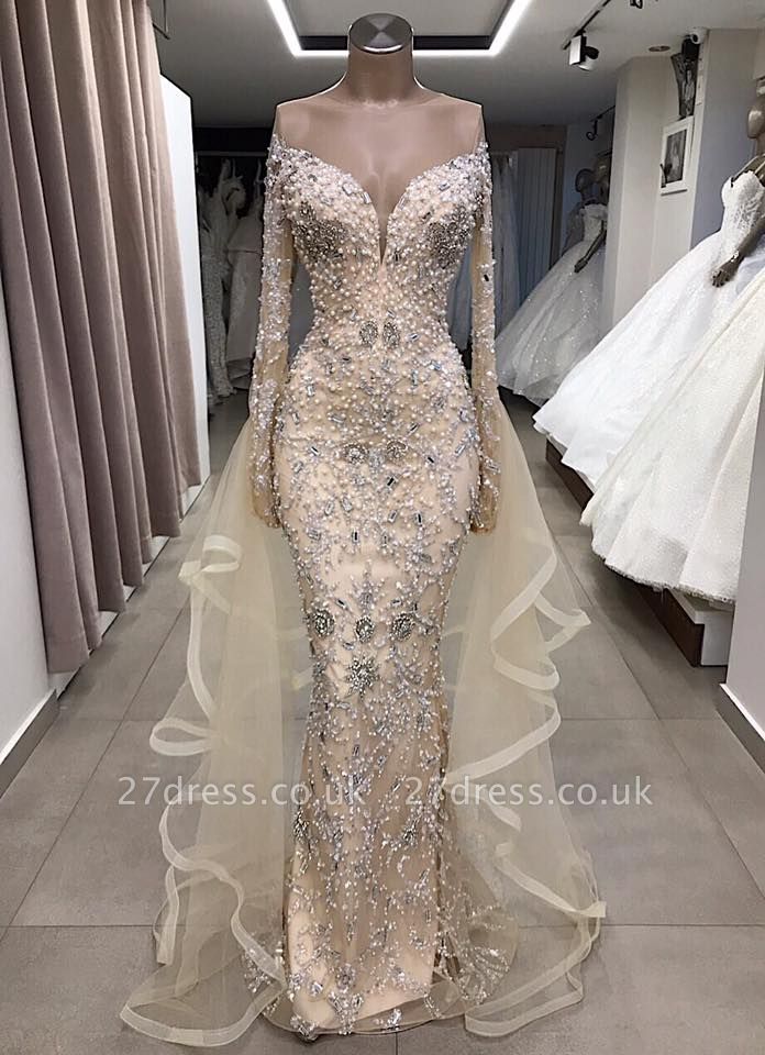 Luxury Long sleeve off-the-shoulder prom Dress UK with fully-covered beads
