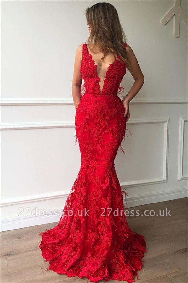 Elegant red Elegant Mermaid Sleeveless Lace Appliques Evenging Dress UKes UK