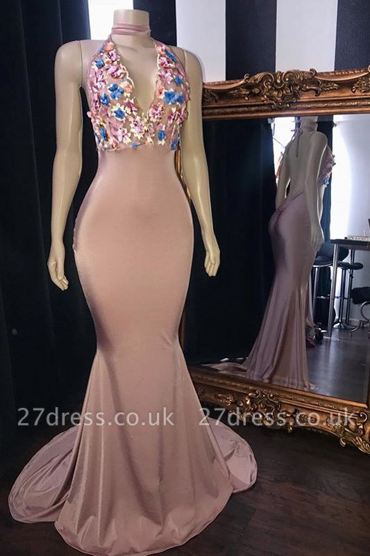 Sweet Pink Florals Lace Appliques Elegant Trumpt Long Prom Dress UKes UK UK | Simple Sleeveless V-Neck Evening Dress UKes UK