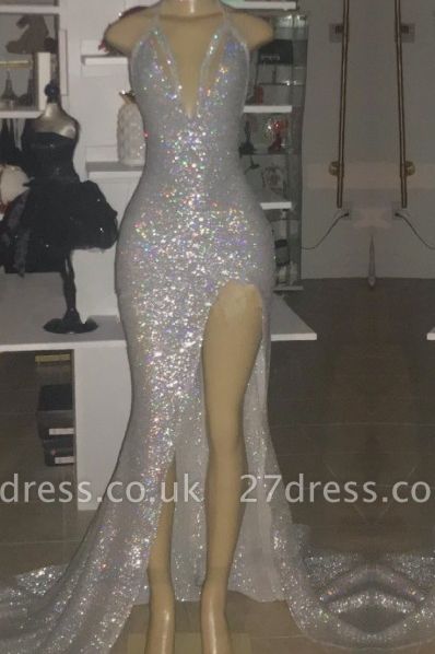 V-neck Sequins Elegant Trumpt Front Slit Floor Length Prom Dress UKes UK UK