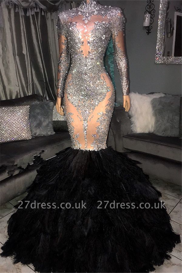 Sexy Sliver Seuqins High Neck Long Sleeves Fur Elegant Mermaid Prom Dress UKes UK UK